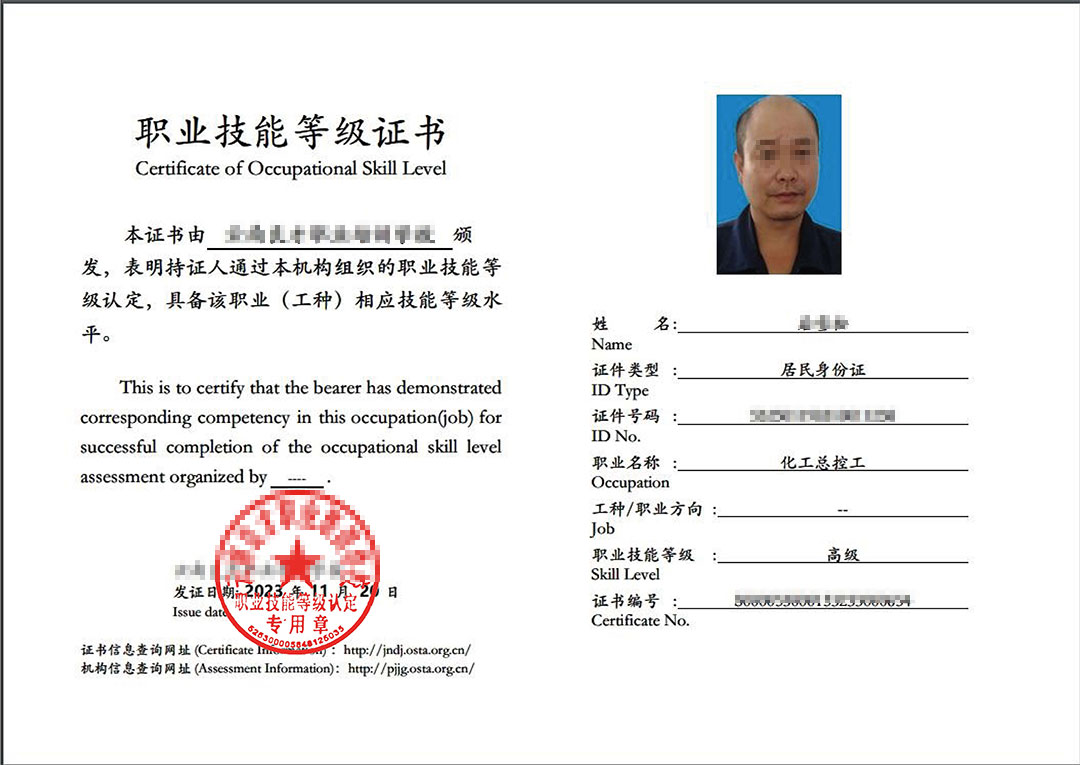 化工总控工高级职业技能等级证书