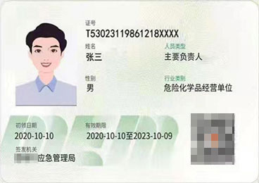 危险化学品安全合格证（主要负责人）证书样本