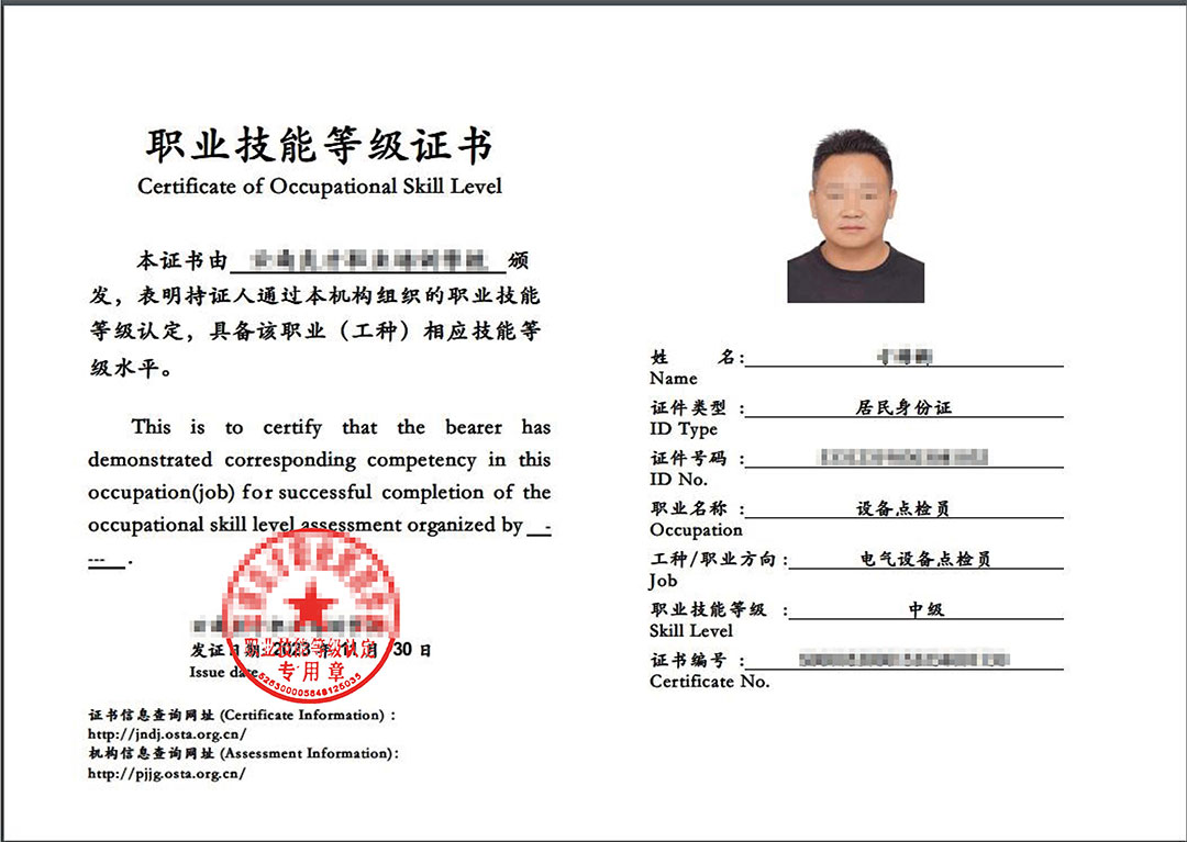 电气设备点检员中级职业技能等级证书