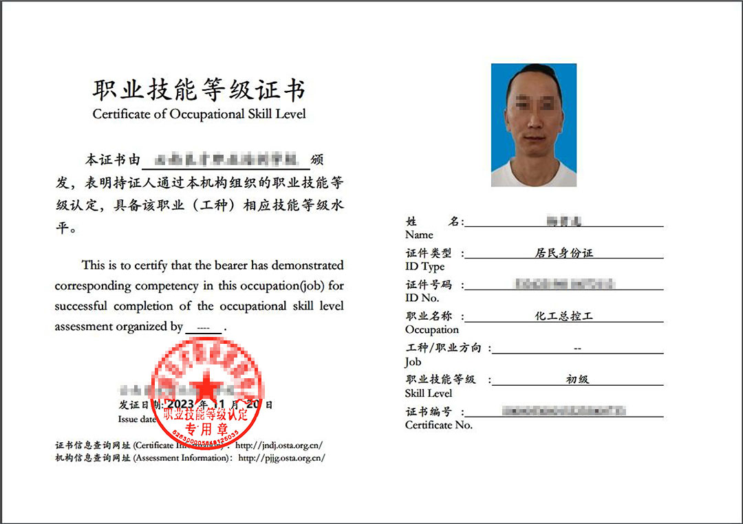 化工总控工初级职业技能等级证书