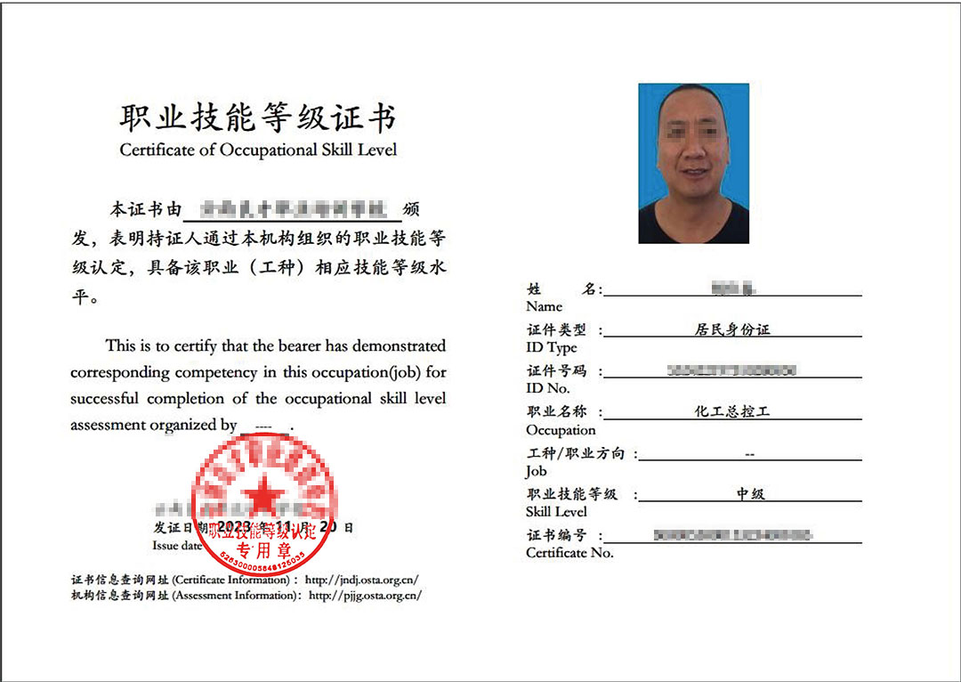 化工总控工中级职业技能等级证书